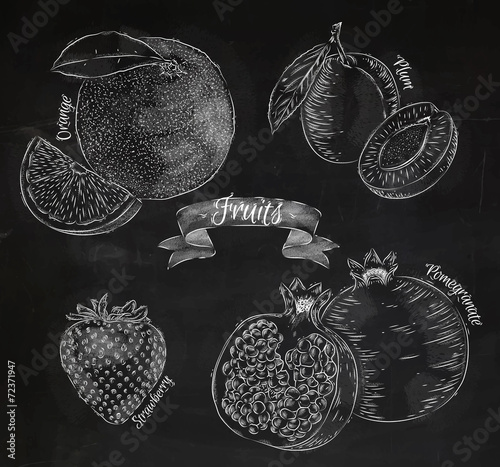 Fruit orange, plum, strawberry, pomegranate chalk