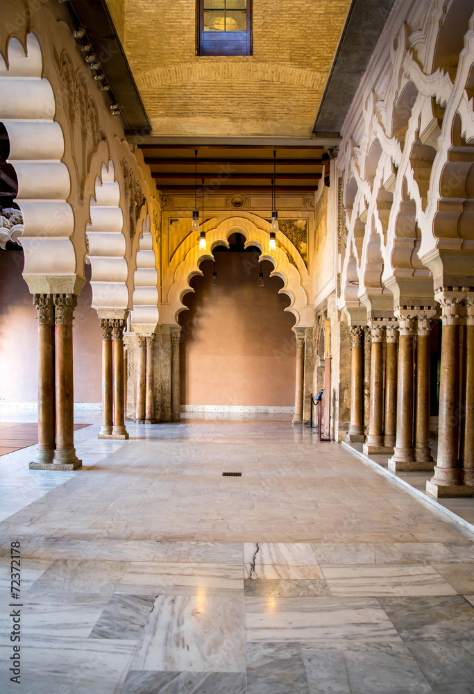 ZARAGOZA, SPAIN - JUNE 8, 2014 Arabic arches at Aljaferia Palace