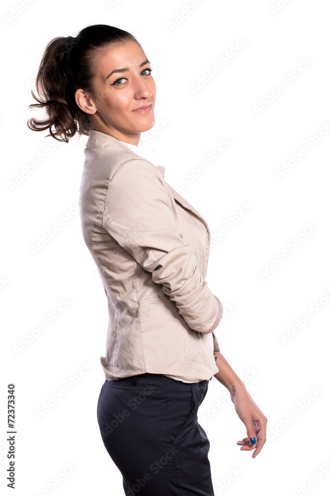 Woman posing and smiling on white isolated background, positive Woman posing and smiling on white isolated background, positive