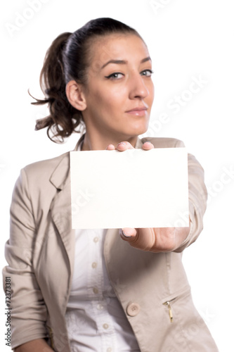business woman holding blank paper white isolated background