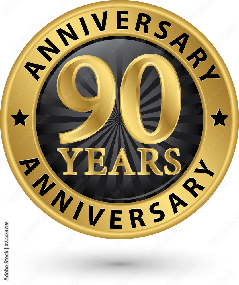 90 years anniversary gold label, vector illustration