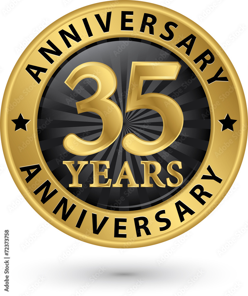 35 years anniversary gold label, vector illustration