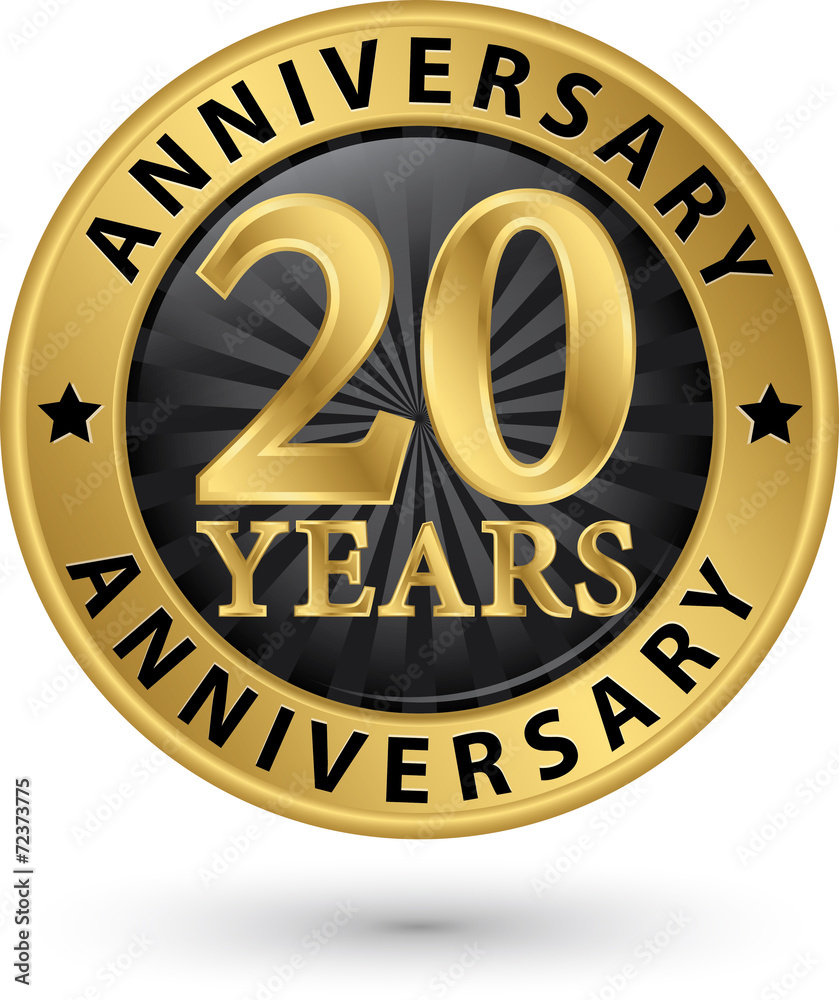 20 years anniversary gold label, vector illustration