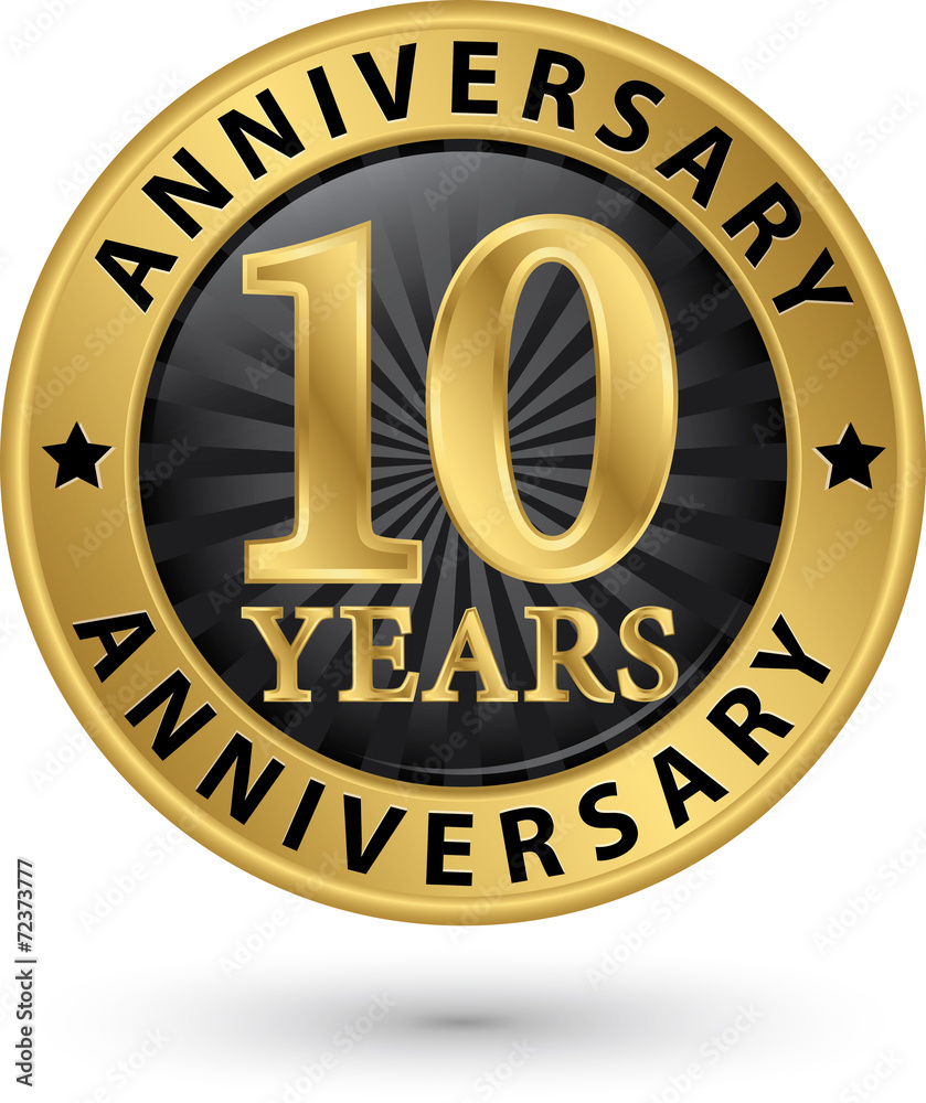 10 years anniversary gold label, vector illustration