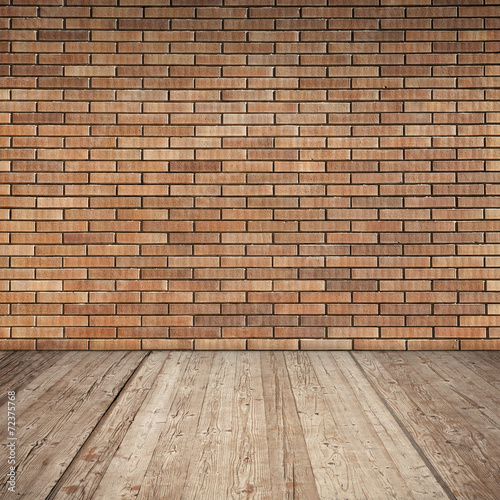 Red brick wall and wooden floor  empty interior