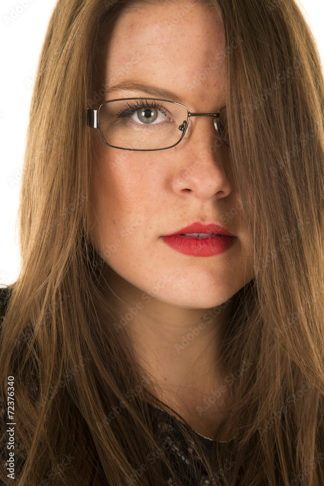 woman black outfit glasses close red lipstick serious woman black outfit glasses close red lipstick serious
