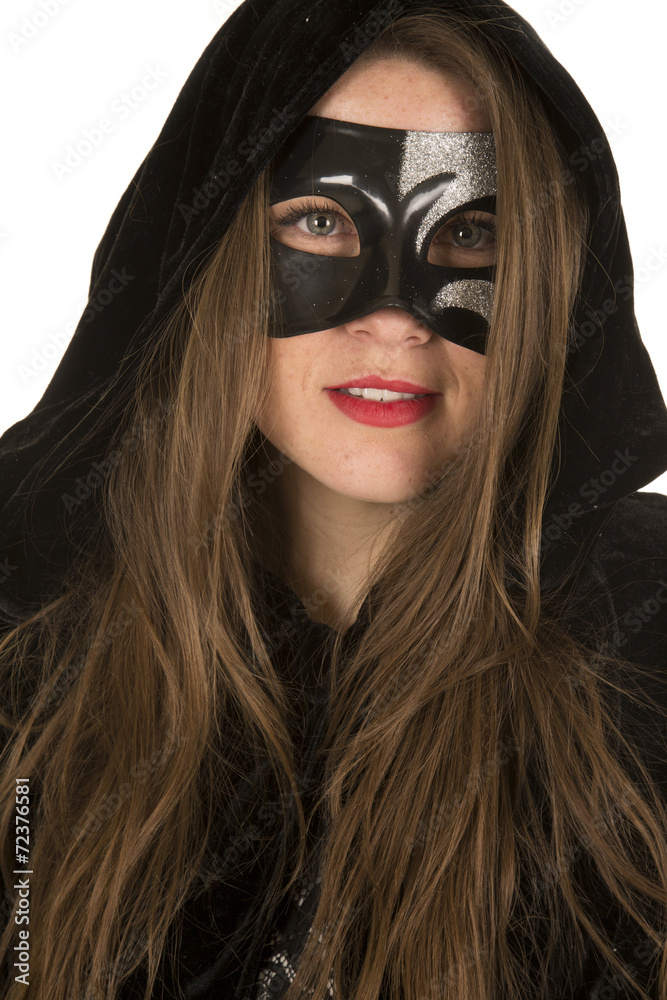 woman mask cloak lipstick close small smile woman mask cloak lipstick close small smile
