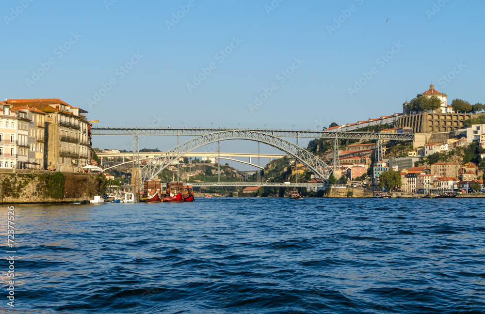 view of Porto and boats on Douro river