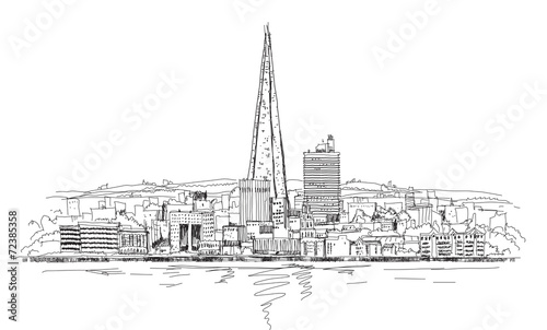 Fototapeta London panoramic view and Shard of glass building, Sketch collec