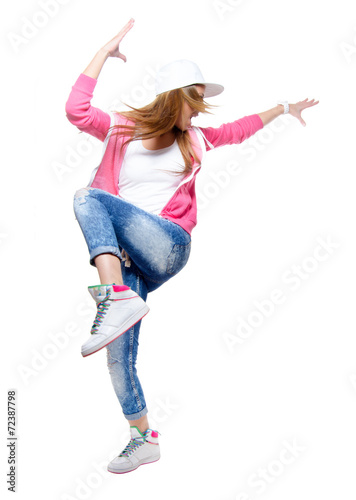 Young hip hop dancer dancing isolated on white background.
