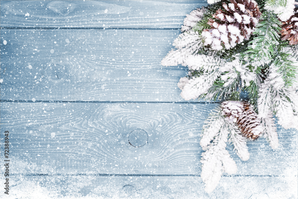 Old wood texture with snow and firtree - obrazy, fototapety, plakaty 