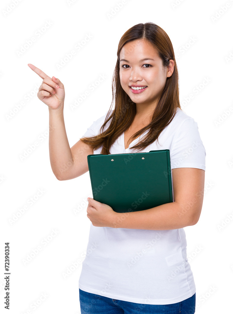 Woman with clipboard and finger up Woman with clipboard and finger up