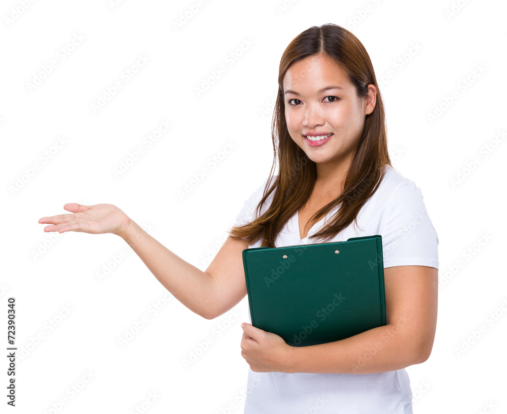 Young woman with clipboard and hand show with blank sign Young woman with clipboard and hand show with blank sign