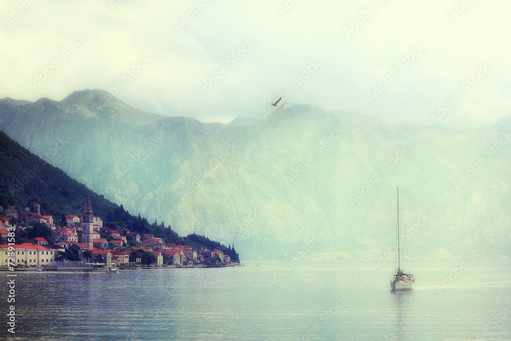 Mountain landscape sea yacht