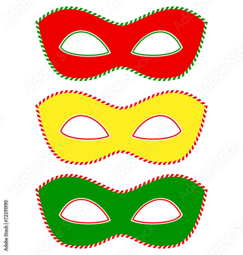 Three masks colored like traffic light isolated on white