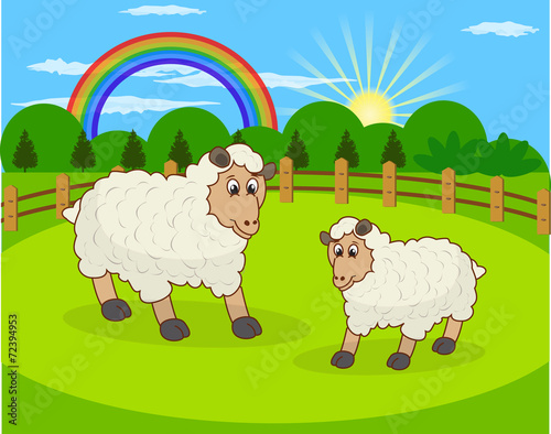 Cartoon sheep and rural meadow with green grass on the mountain 