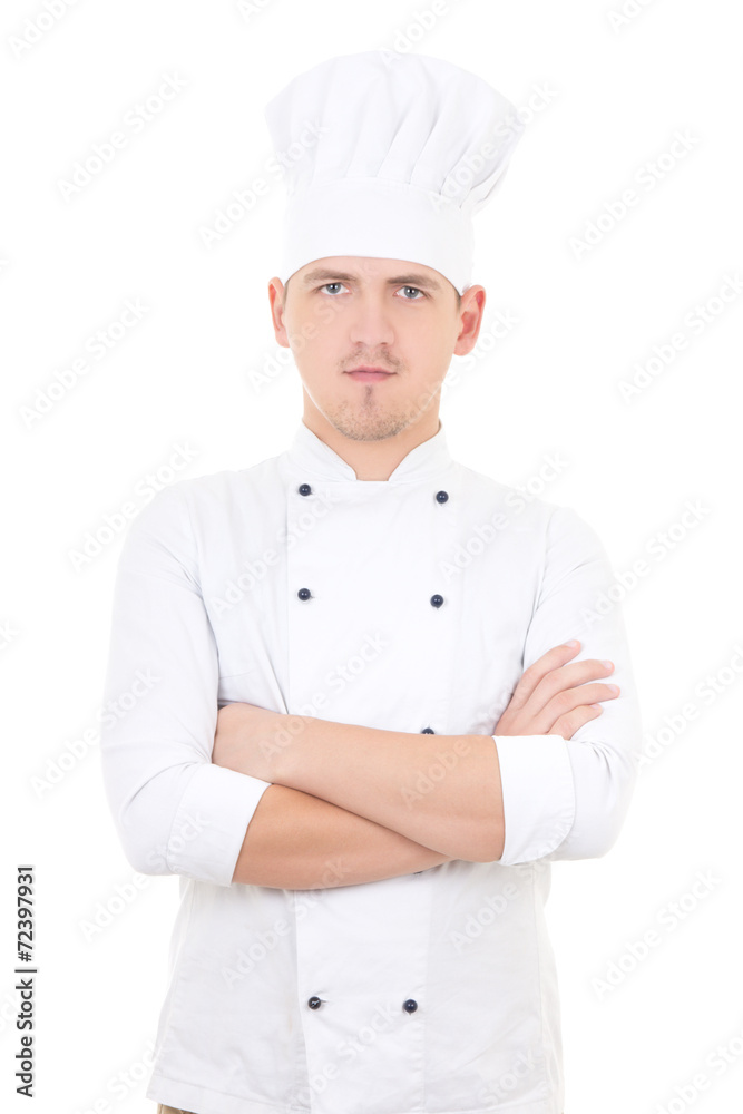 portrait of young handsome man chef isolated over white