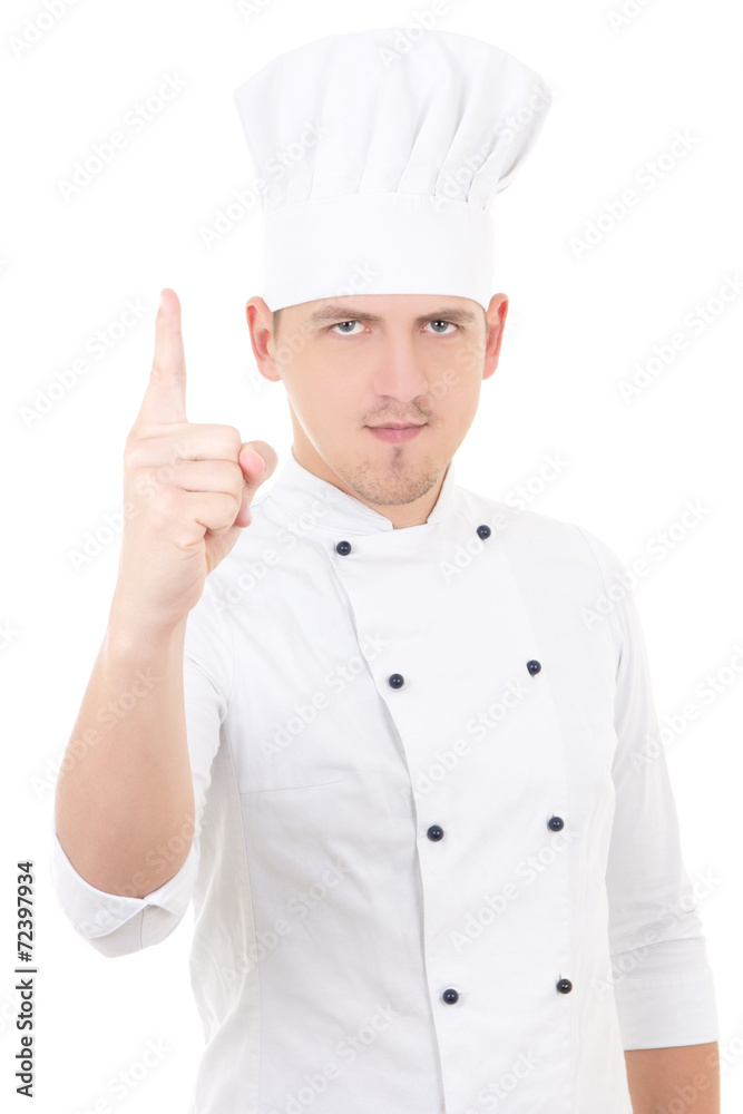 young handsome man chef showing finger up isolated over white young handsome man chef showing finger up isolated over white