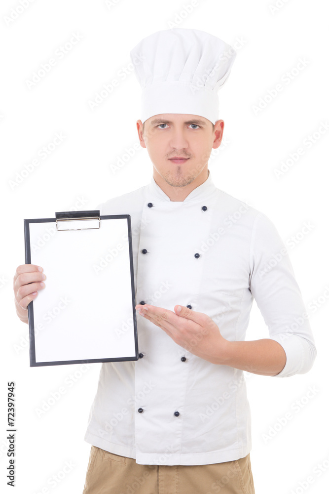 young man in chef uniform showing clipboard with copy space isol young man in chef uniform showing clipboard with copy space isol