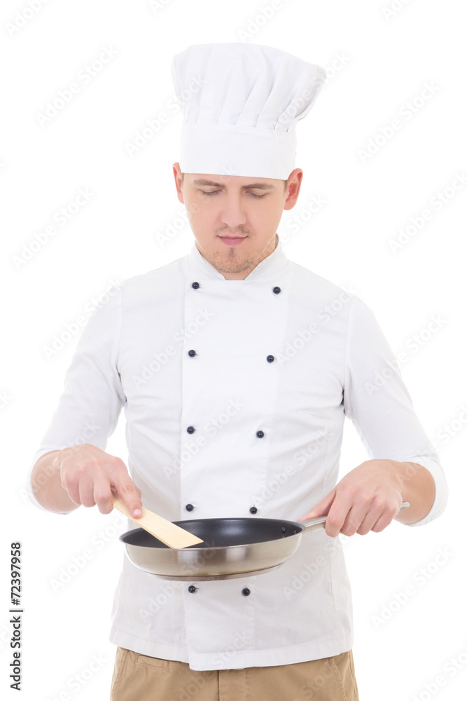 young handsome man chef in uniform holding frying pan isolated o