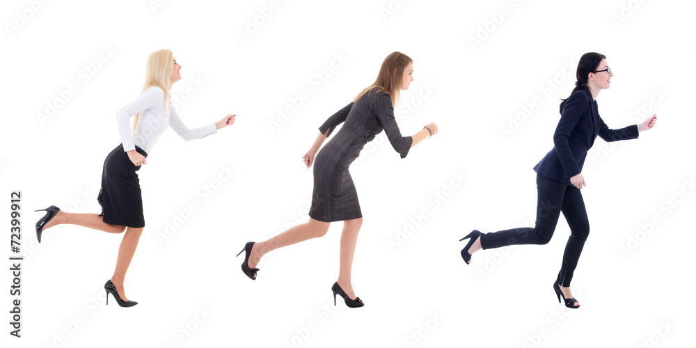 three running business women in business clothes isolated on whi