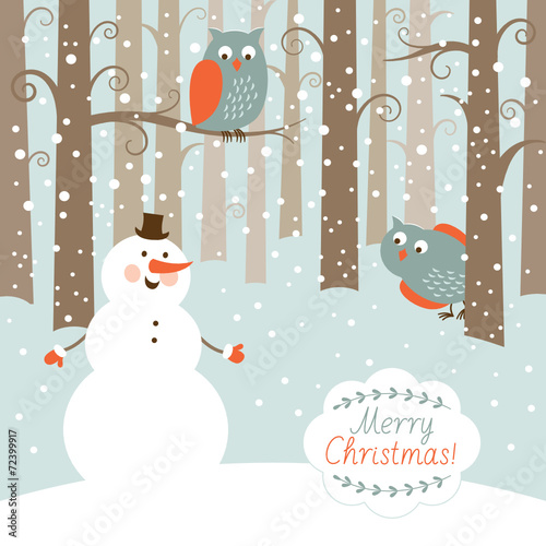 Greeting Christmas card, snowman in the forest