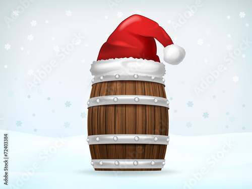 keg of beverage covered with Santa cap