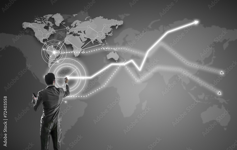 Businessman working on digital virtual screen, globalization mar Businessman working on digital virtual screen, globalization mar