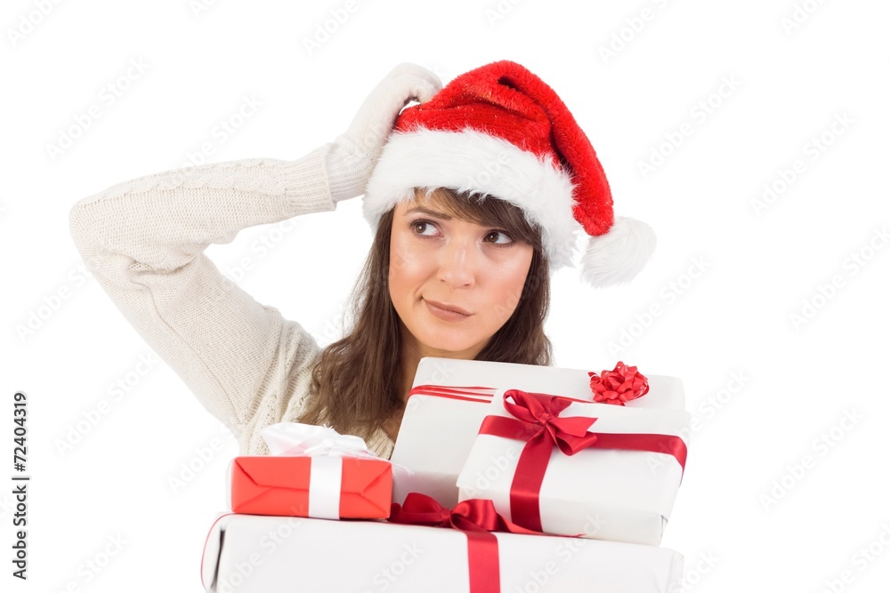 Santa woman scratching head and holding gifts Santa woman scratching head and holding gifts
