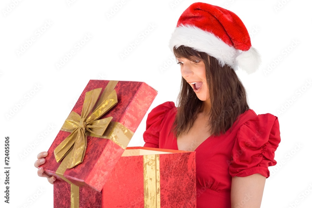 Surprised festive brunette holding a gift Surprised festive brunette holding a gift