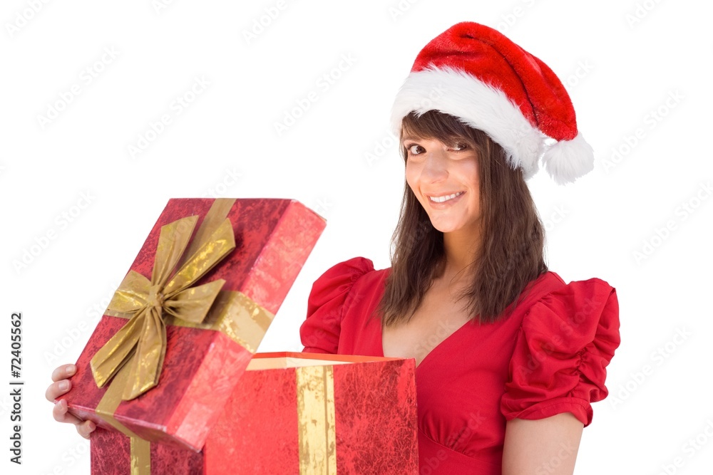 Festive brunette holding a gift Festive brunette holding a gift