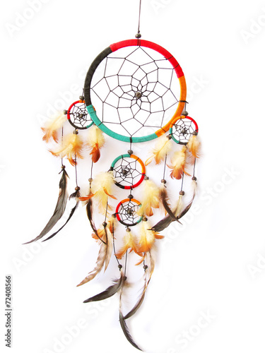 A red,green and black dreamcatcher isolated in white.