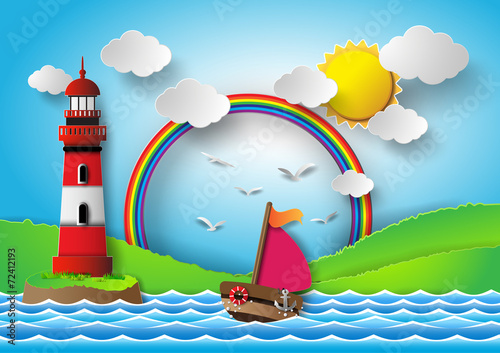 yacht on sea with sun bream and rainbow