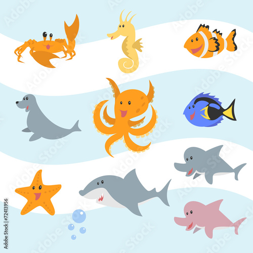 Sea animals vector illustration set collection