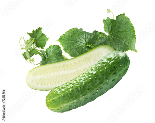 Vertical cut cucumber and leaves isolated