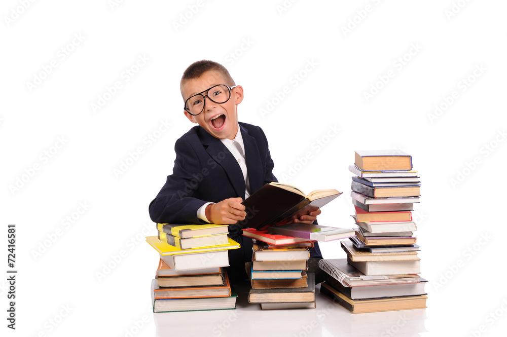 Schoolboy with huge stack of books Schoolboy with huge stack of books