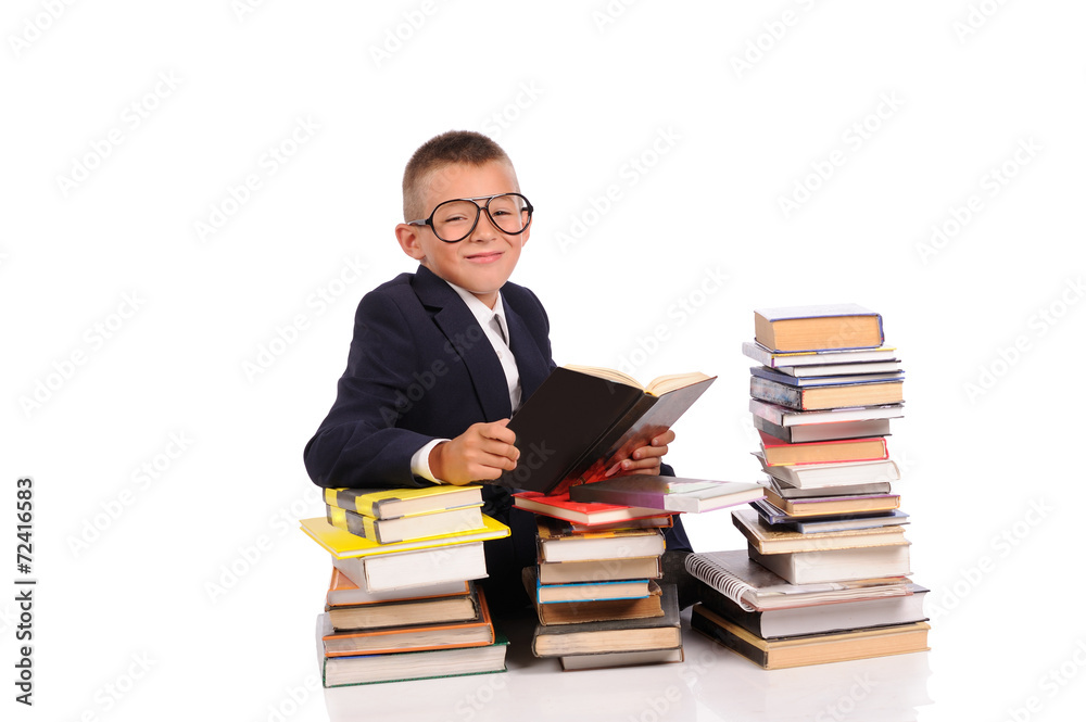 Schoolboy with huge stack of books Schoolboy with huge stack of books
