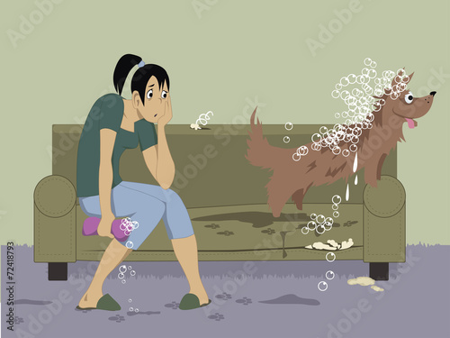 Tired woman washing a unruly dog