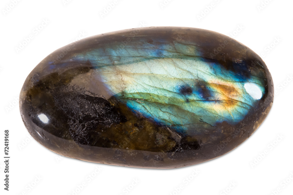 Precious gem on white background, labradorite Precious gem on white background, labradorite