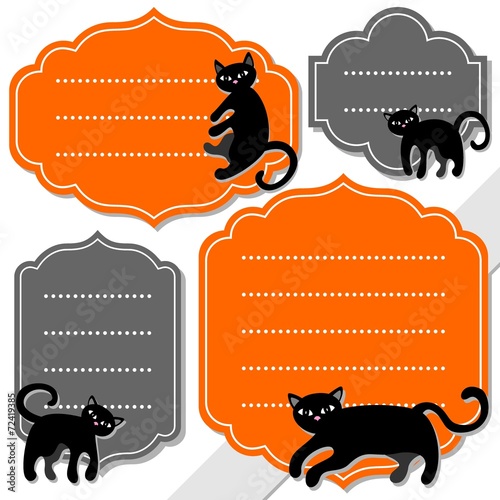 pomarańćzowe szare puste ramki z czarnym kotem i miejscem na twój tekst retro Halloween wektorowy zestaw elementów graficznych