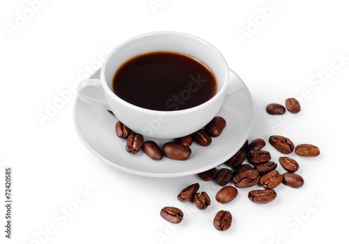 cup of coffee on white background with coffee beans