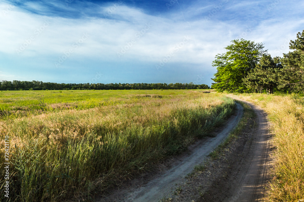 The rural dirt road, beautiful countryside on a sunny day