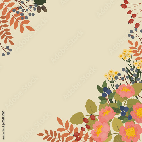 Frame with blooming flowers and berries