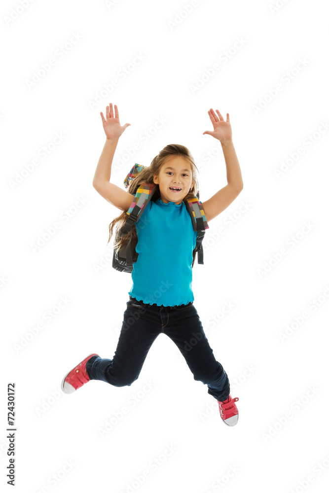 Girl with bag jumping high