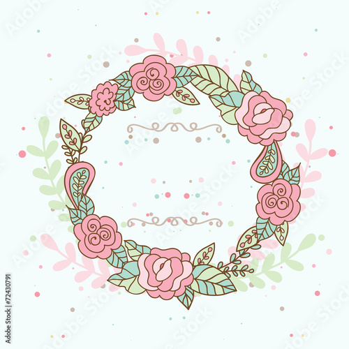 Decorative floral frame with pink roses and leaves. Wedding, bir