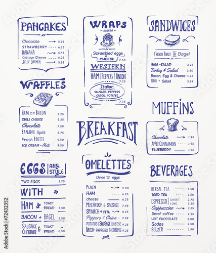 Breakfast menu. Blue pen drawing