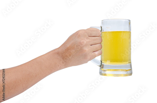 man hand with glass of beer isolated on a white background