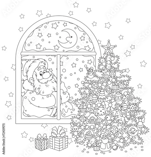 Santa Claus with his gift bag and Christmas tree