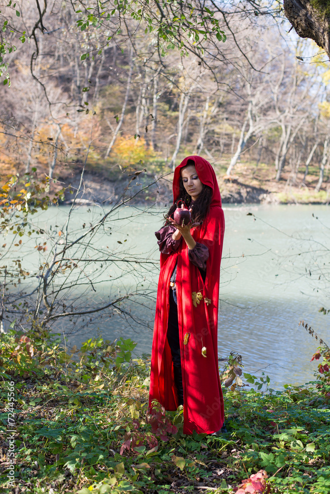 Girl in a red cloak in the lap of nature Girl in a red cloak in the lap of nature