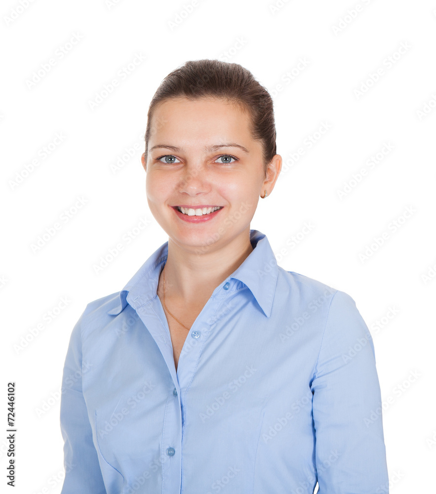 Young Businesswoman Smiling Over White Background Young Businesswoman Smiling Over White Background